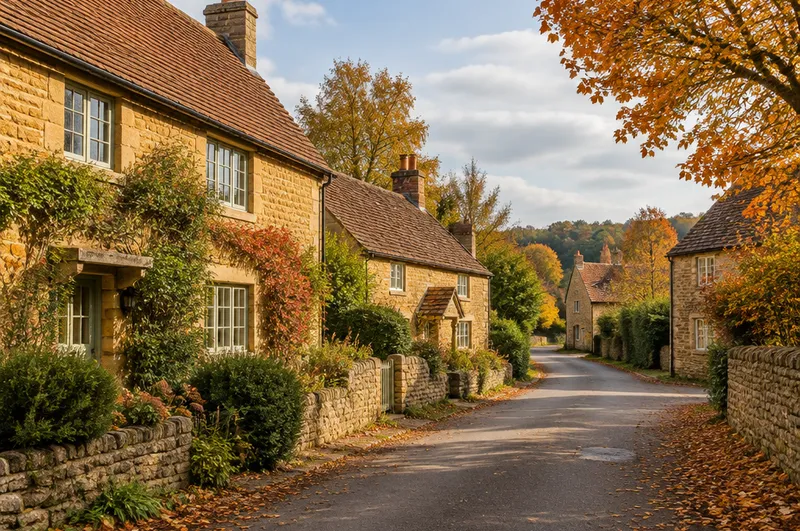 Areas around Banbury: illustration of ironstone cottages with tiled roofs on a village lane in autumn