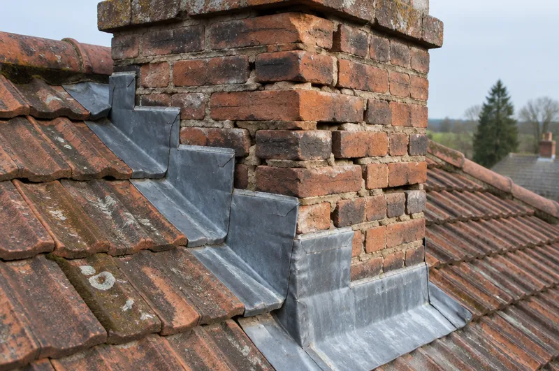 Chimney repair in Banbury: illustration of a brick chimney stack with lead flashing and gaps in the mortar