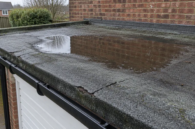 Flat roof repair in Banbury: illustration of a worn felt garage roof holding a puddle of rainwater