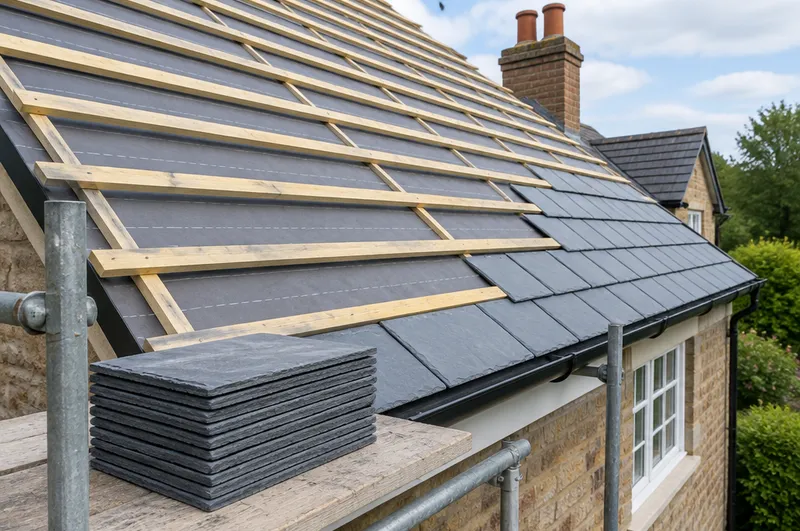 New roof in Banbury: illustration of fresh battens on a part-finished reroof with new slates stacked on a scaffold board