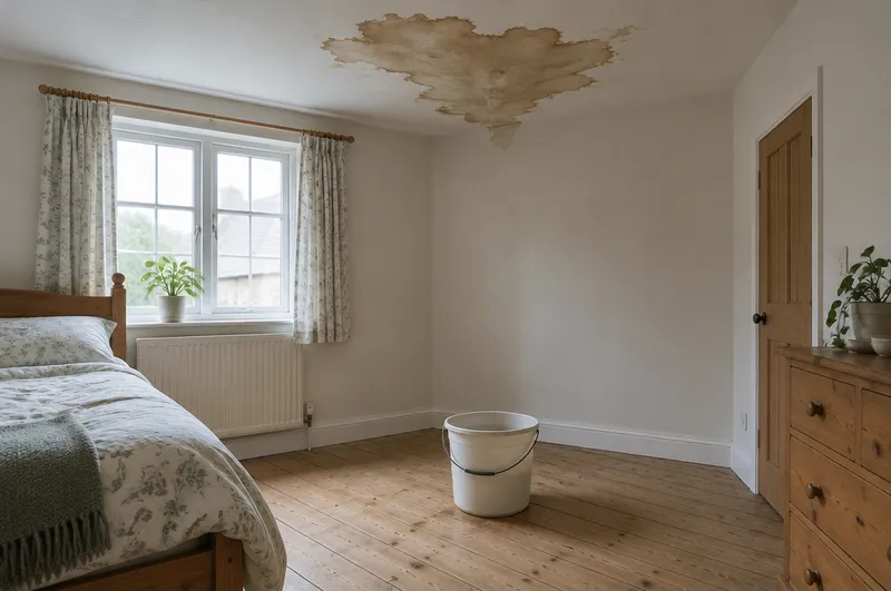 Roof leak in Banbury: illustration of a brown water stain on a bedroom ceiling with a bucket on the floor below