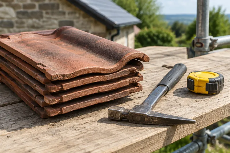 Roof repair cost in Banbury: illustration of clay tiles, a roofing hammer and a tape measure on a plank
